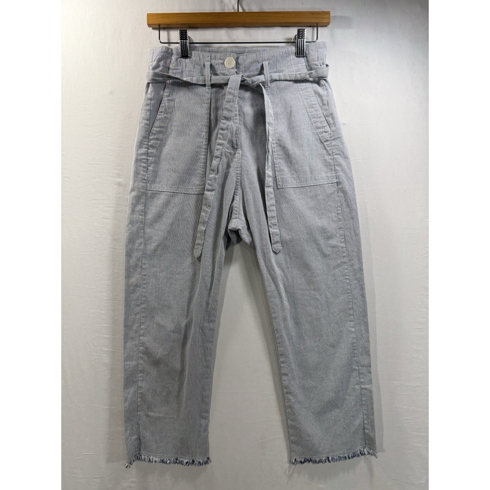 Storia Women's Striped Paperbag Waist Crop Pants Size Small Blue White Raw Hem